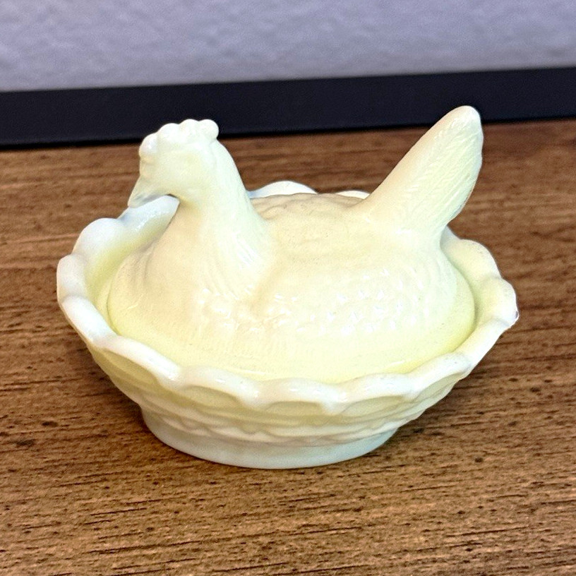 Custard Glass Hen on Nest Covered Dish.