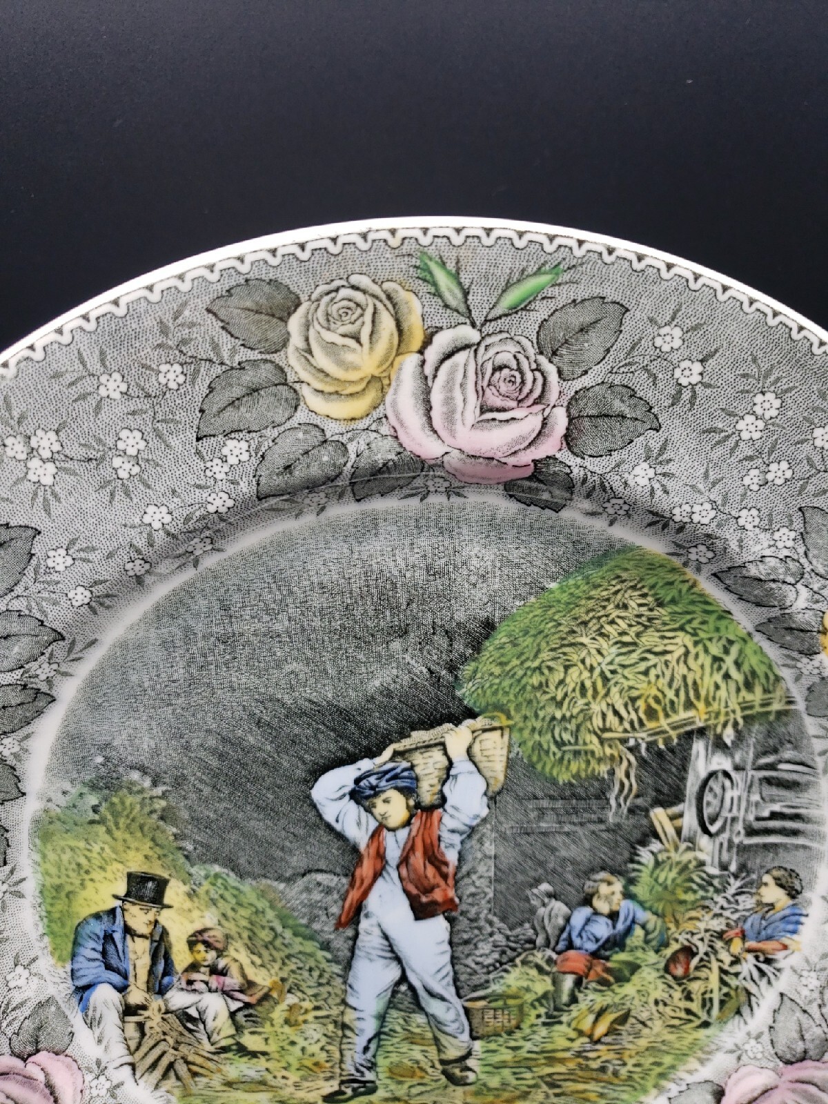 VTG Engravings for the People Plate Adams Currier 10.5″ Husking Farming Harvest