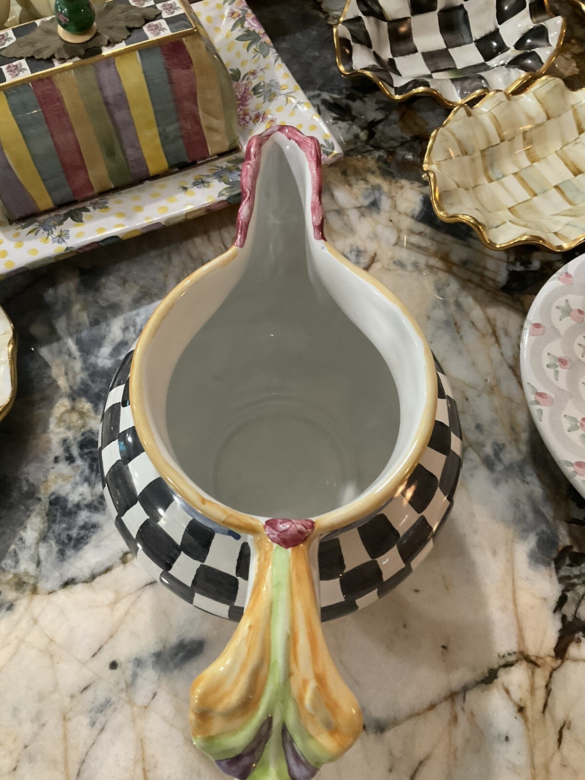 MacKenzie-Childs Piccadilly Chicken Ceramic Pitcher With Courtly Check