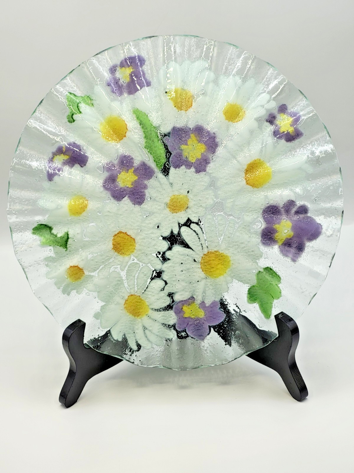 Folio Signed Fused Art Glass Plate Daisy & Pansy 10.25″ Ruffled Edge Hand Made