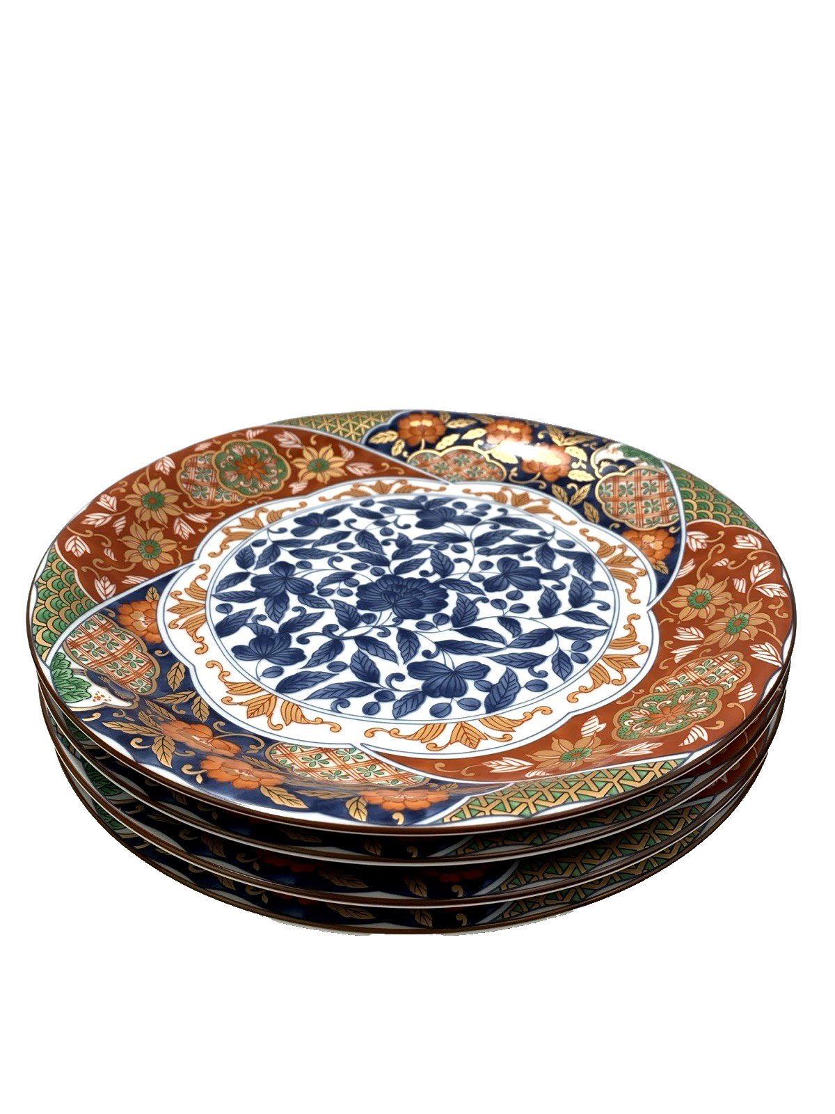 GUMPS KARAKUSA SET 4 DINNER PLATE 10.25″IMARI RUST BLUE GREEN FLORAL SMOOTH EDGE