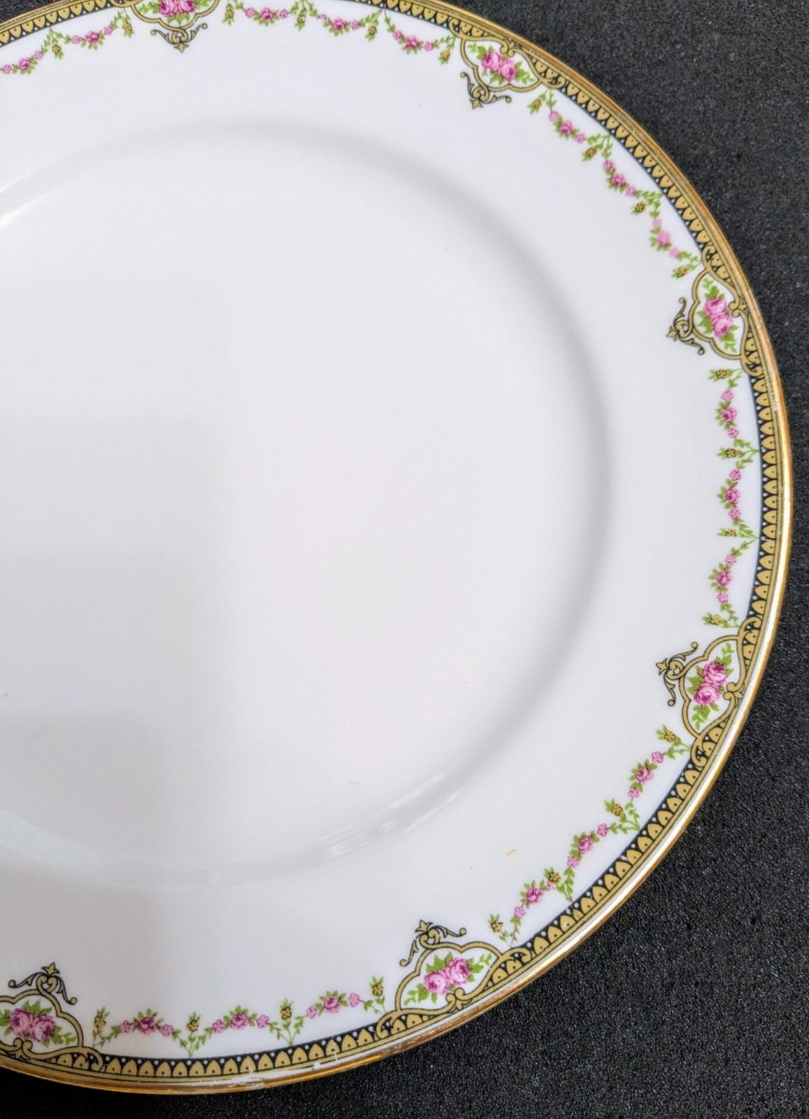 Vintage J.Lafarge Limoges France 9.7″ Dinner Plate, Pink Rose Garland, Gold Trim