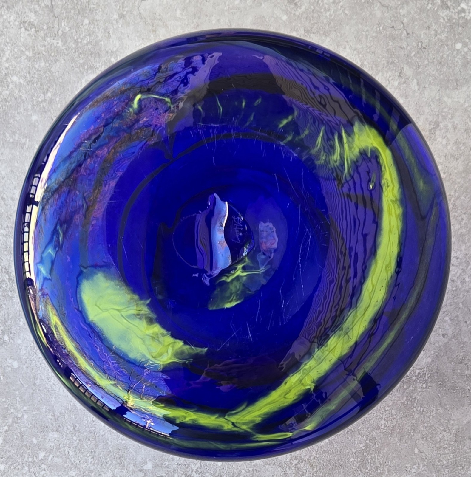 Vtg Cobalt Blue Yellow Pulled Feather Studio Blown Art Glass Biomorphic Vase