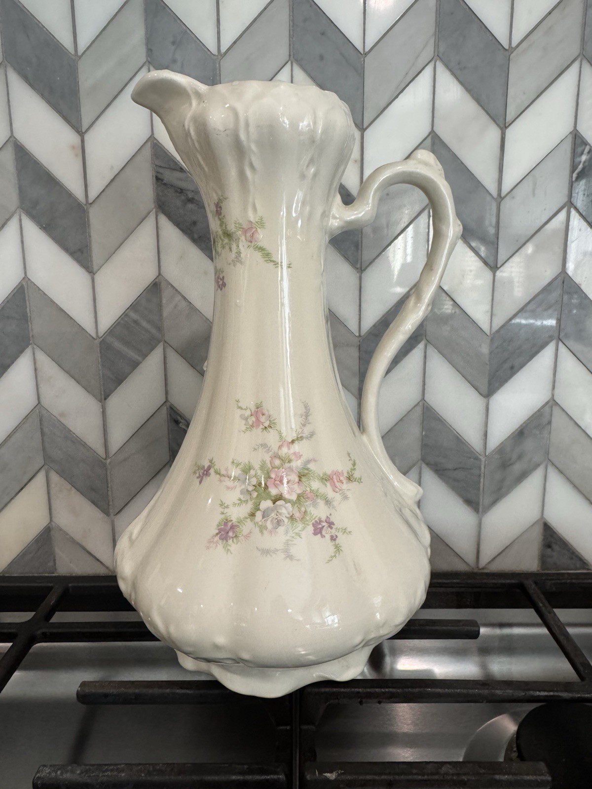 Vintage Ceramic Pitcher White Pink Green Glossy Ceramic Floral Pitcher w/ Handle
