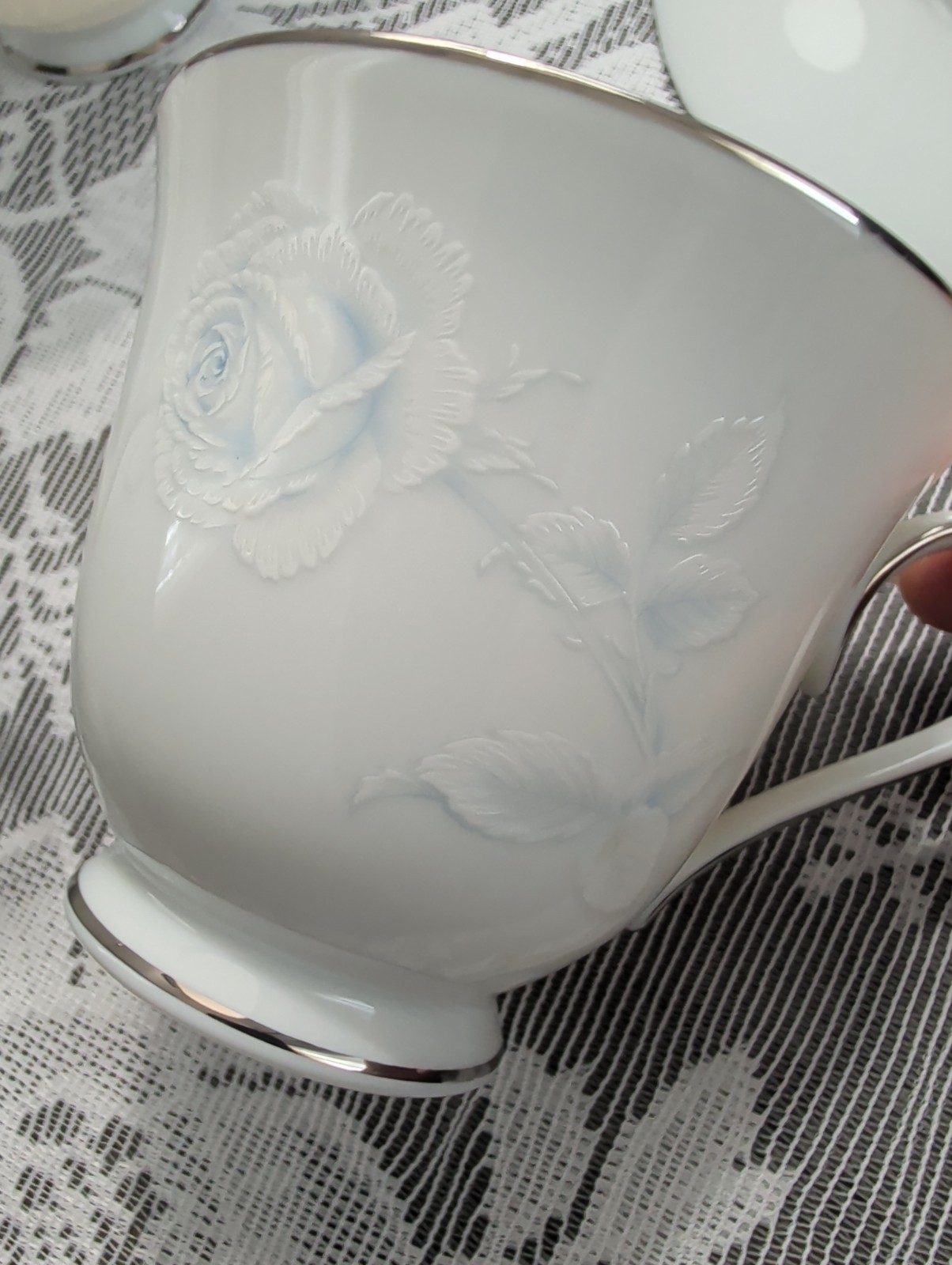 Noritake Virtue Tea Cup and Saucer Platinum Trim White & Blue Japan 2934 Vintage