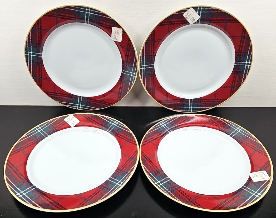4) Williams Sonoma Gold Banded Tartan Dinner Plates Set Plaid Serving Dishes Lot