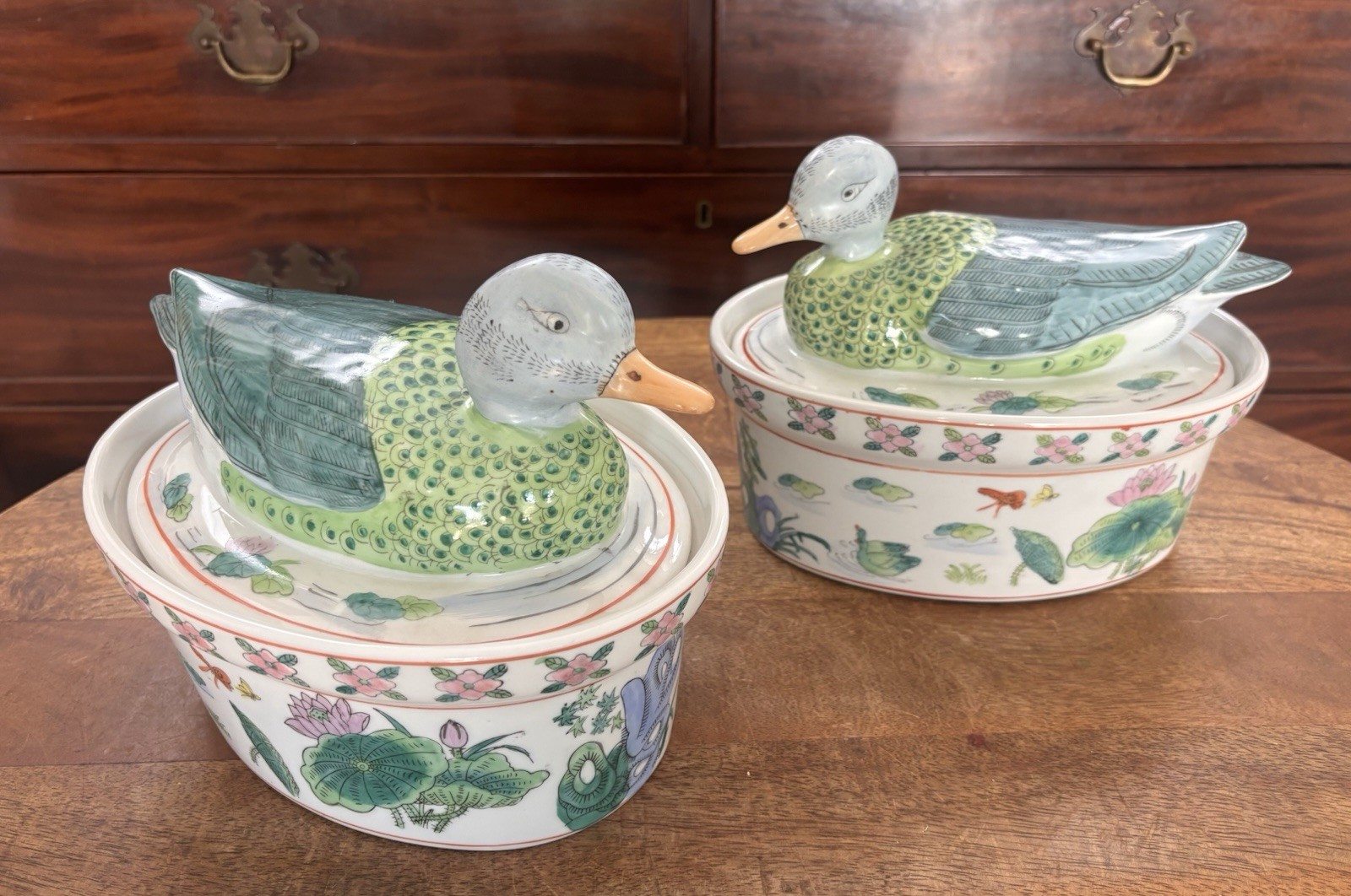 Pair Chinese Bok Choy Tobacco Leaf Green Blue Pink Lidded Duck Covered Dishes