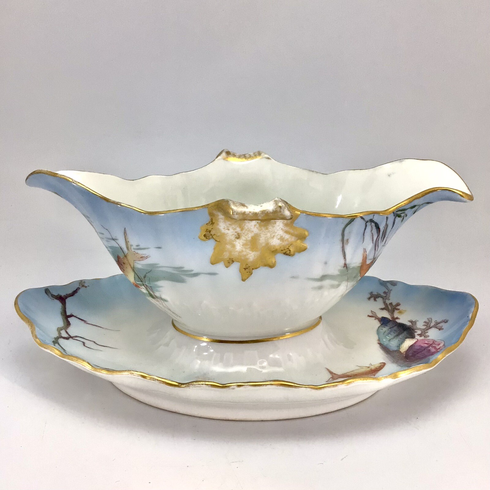 Wm Guerin Limoges Fish Gravy Sauce Boat Attached Underplate Hand Painted France