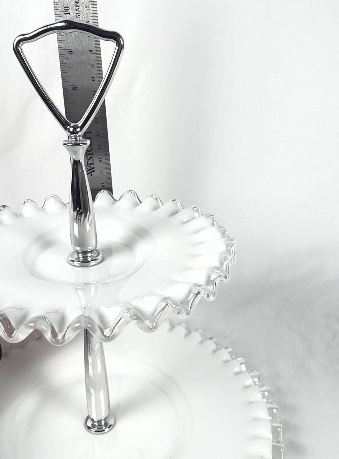 Fenton Silver Crest 2 Tier Server Tray Appetizer Candy White Milk Glass Ruffled