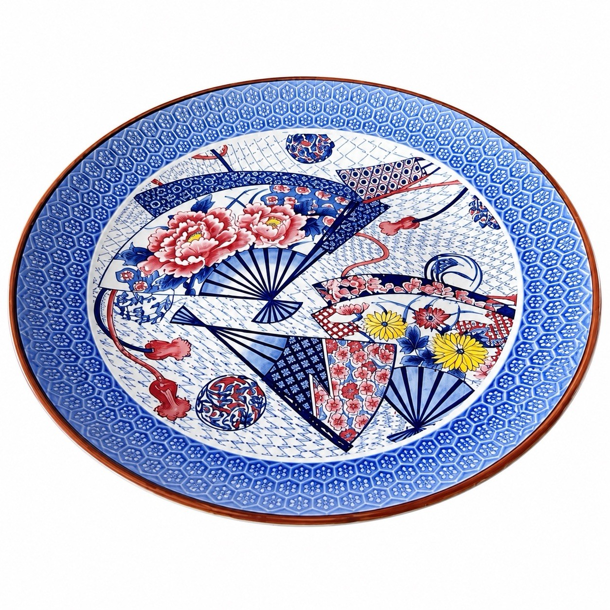 Blue & White Floral Fan Decorative Plate 14” Round Glossy Ceramic