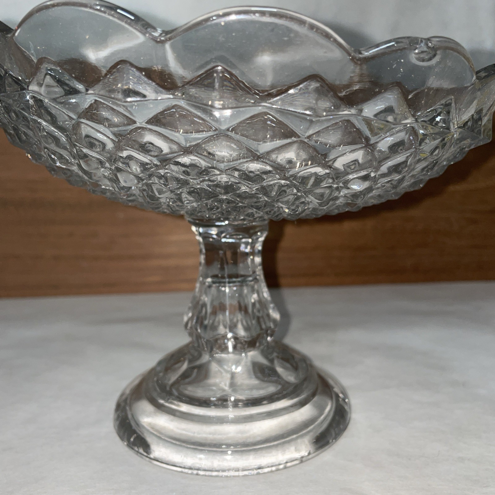 Pressed Glass Pedestal Candy Dish or Compote Scalloped Edge Bowl 6.5”H X 9”W