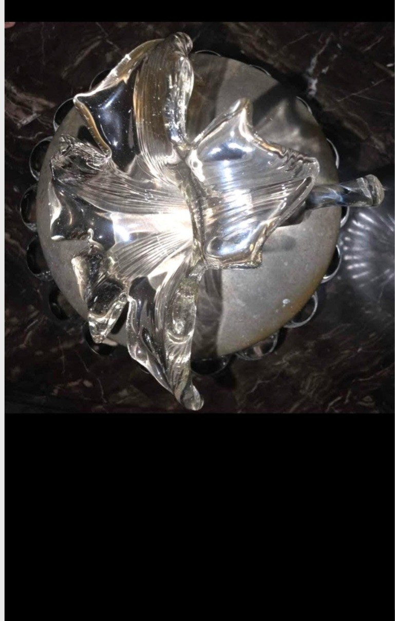 Vintage Glass Covered Candy Dish Frosted Lid Crystal Flower Finial Trinket Box