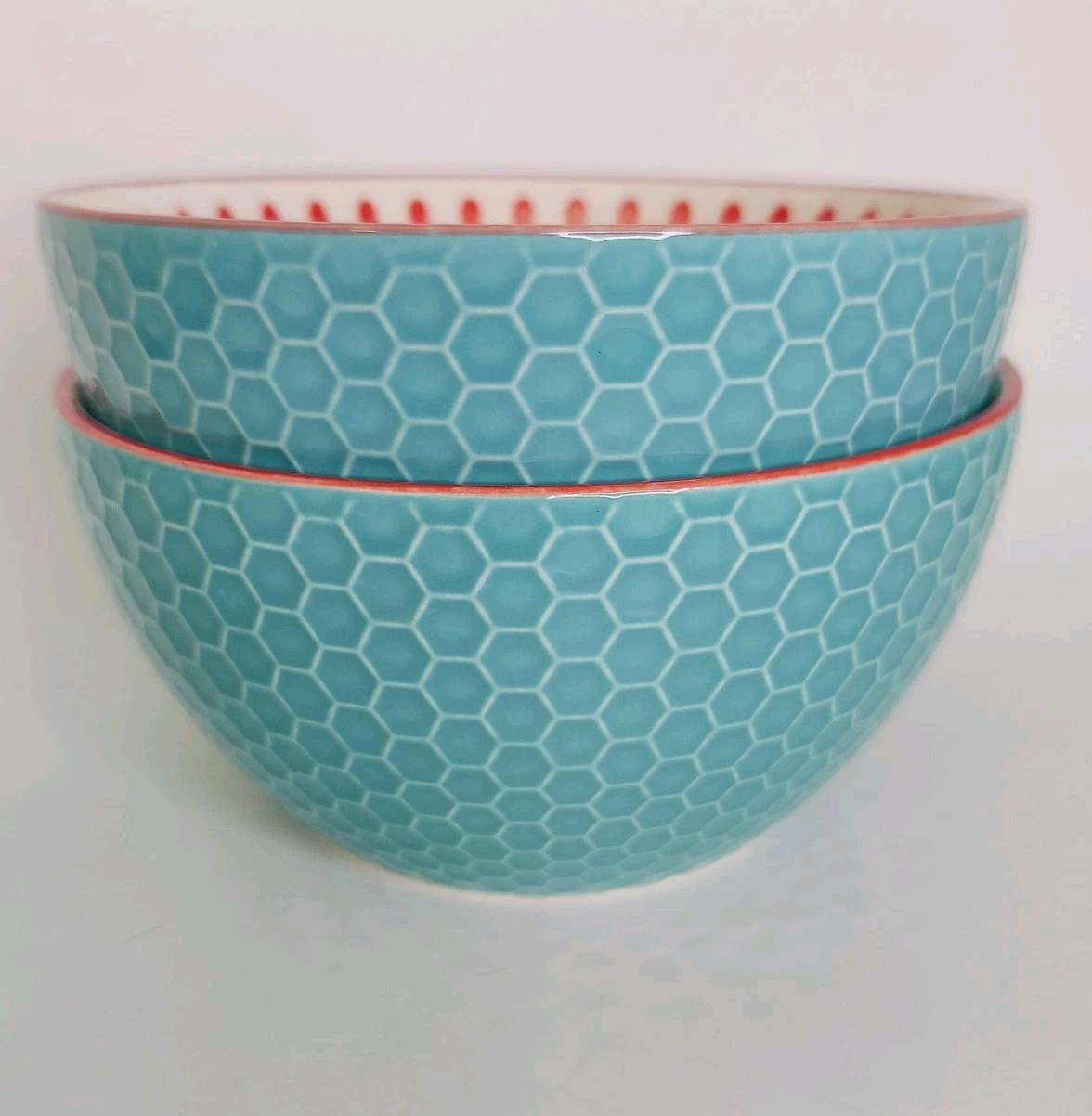 2 Pfaltzgraff Pad Print Textured Cereal Soup Bowl Turquoise Red Dots New