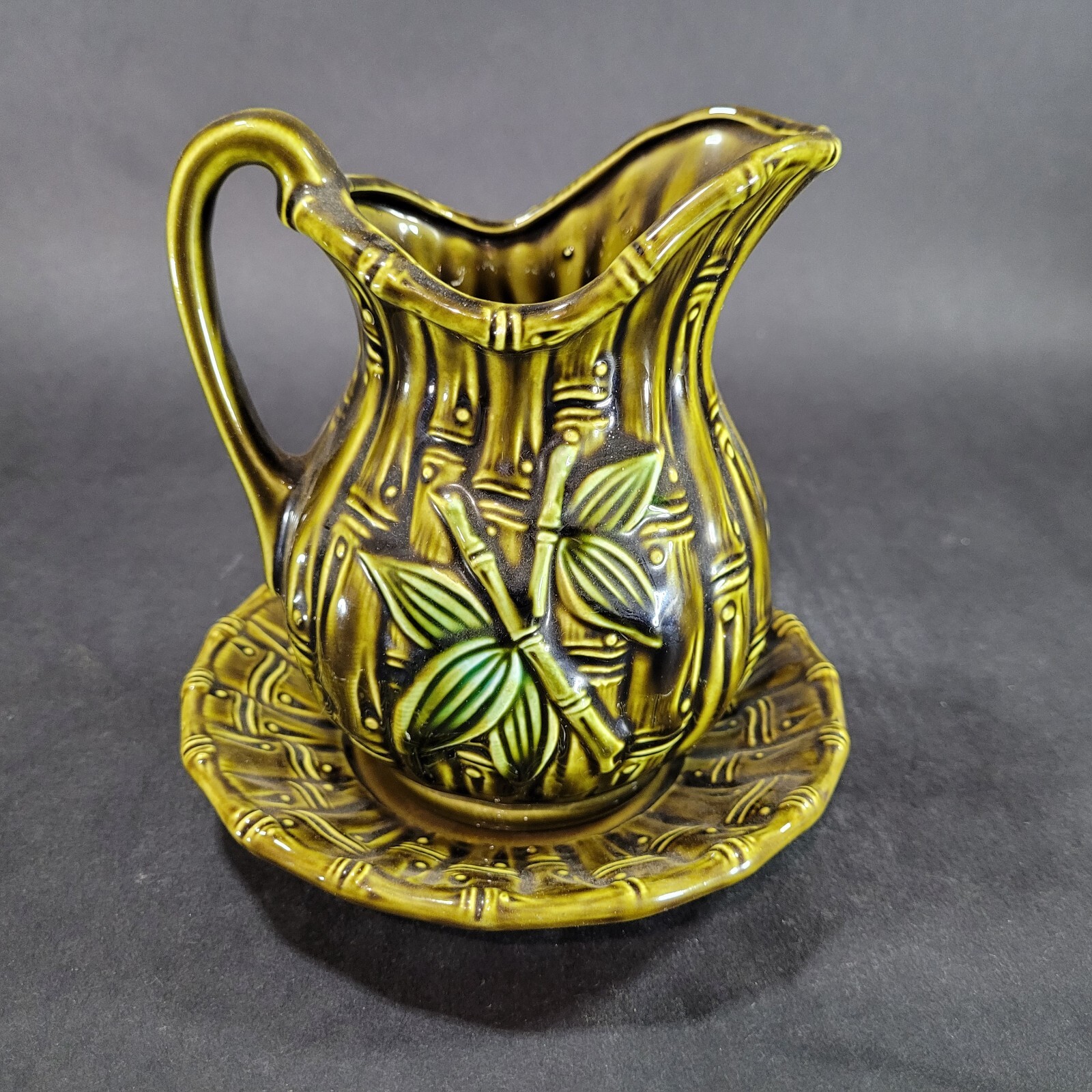 Vintage Japan Green Bamboo and White Daisy Pitcher Creamer and Under Plate