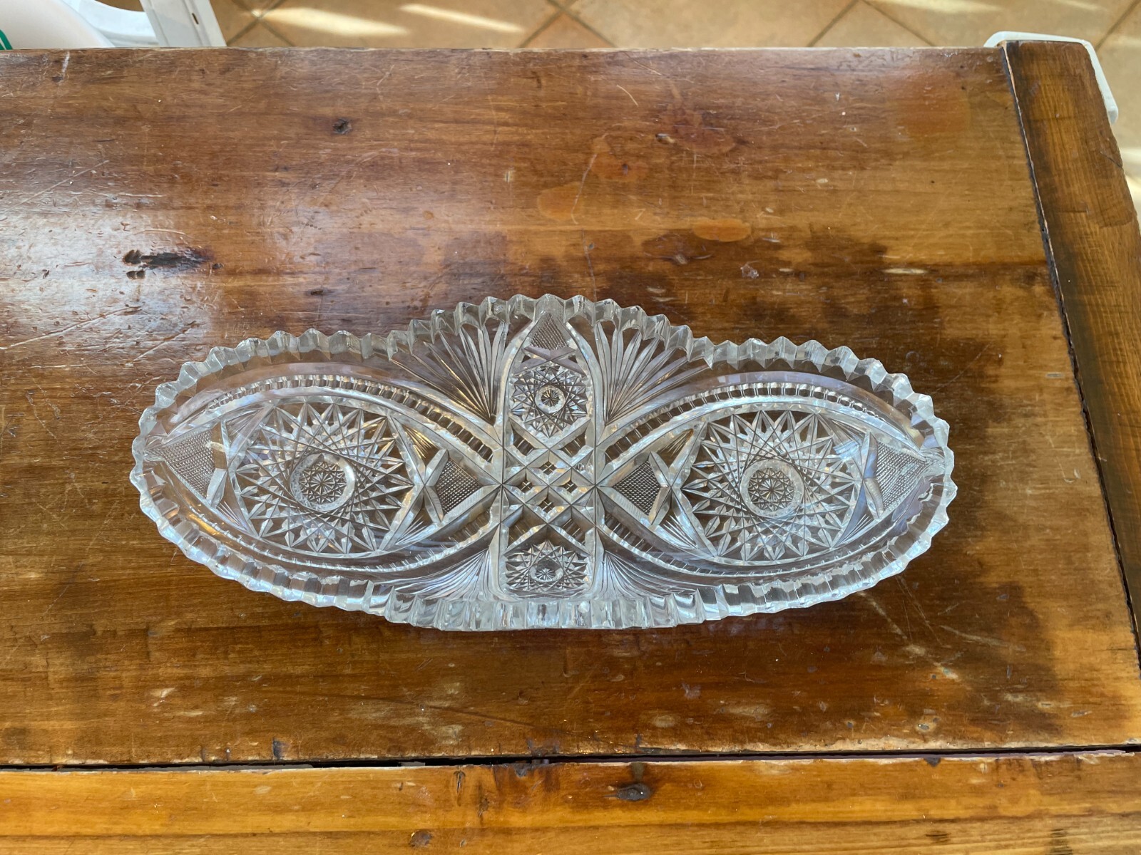 cut glass serving dish 11 x 4 3/4 x 2 1/4 inches