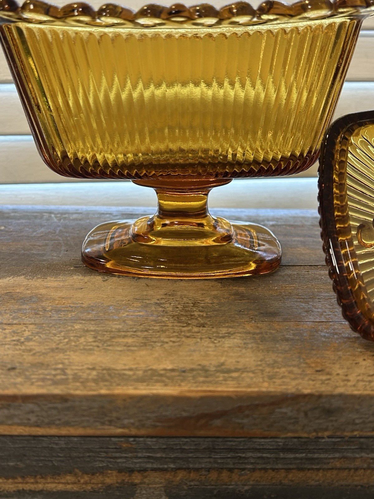 Indiana Glass Company “Lace Edge” Amber candy dish