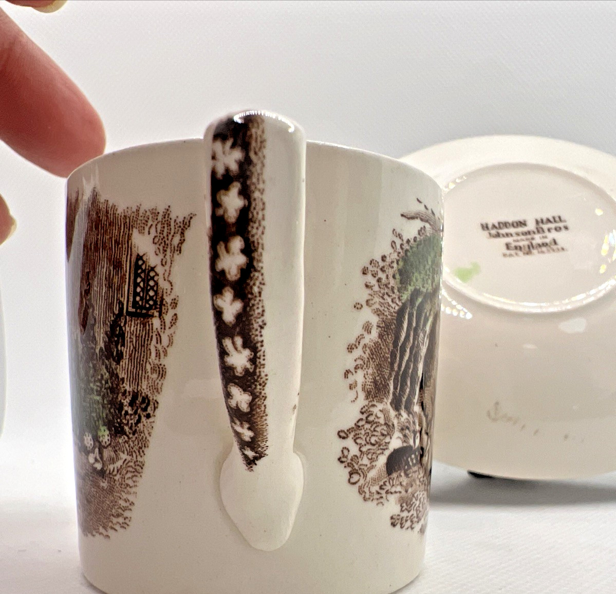 VTG Johnson Bros Windsor Castle Haddon Hall Cup & Saucer Demitasse Transferware