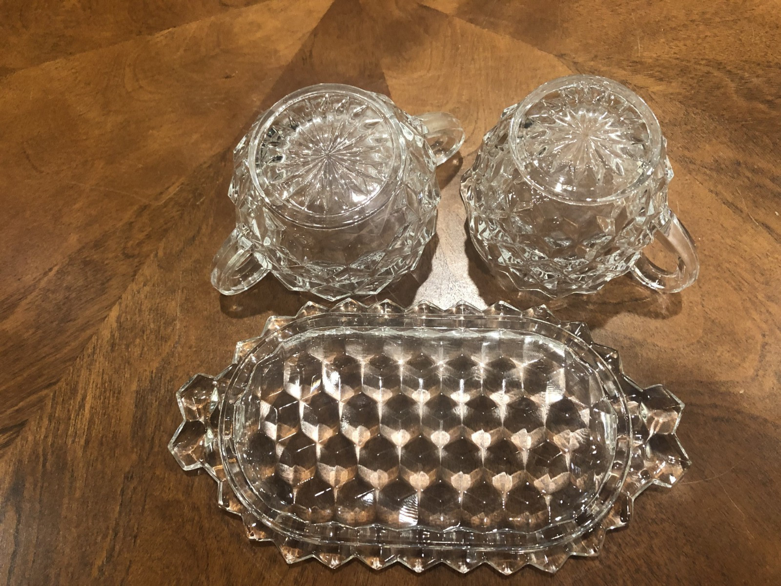 FOSTORIA CLEAR GLASS AMERICAN CUBIST PATTERN CREAMER, SUGAR BOWL AND TRAY SET