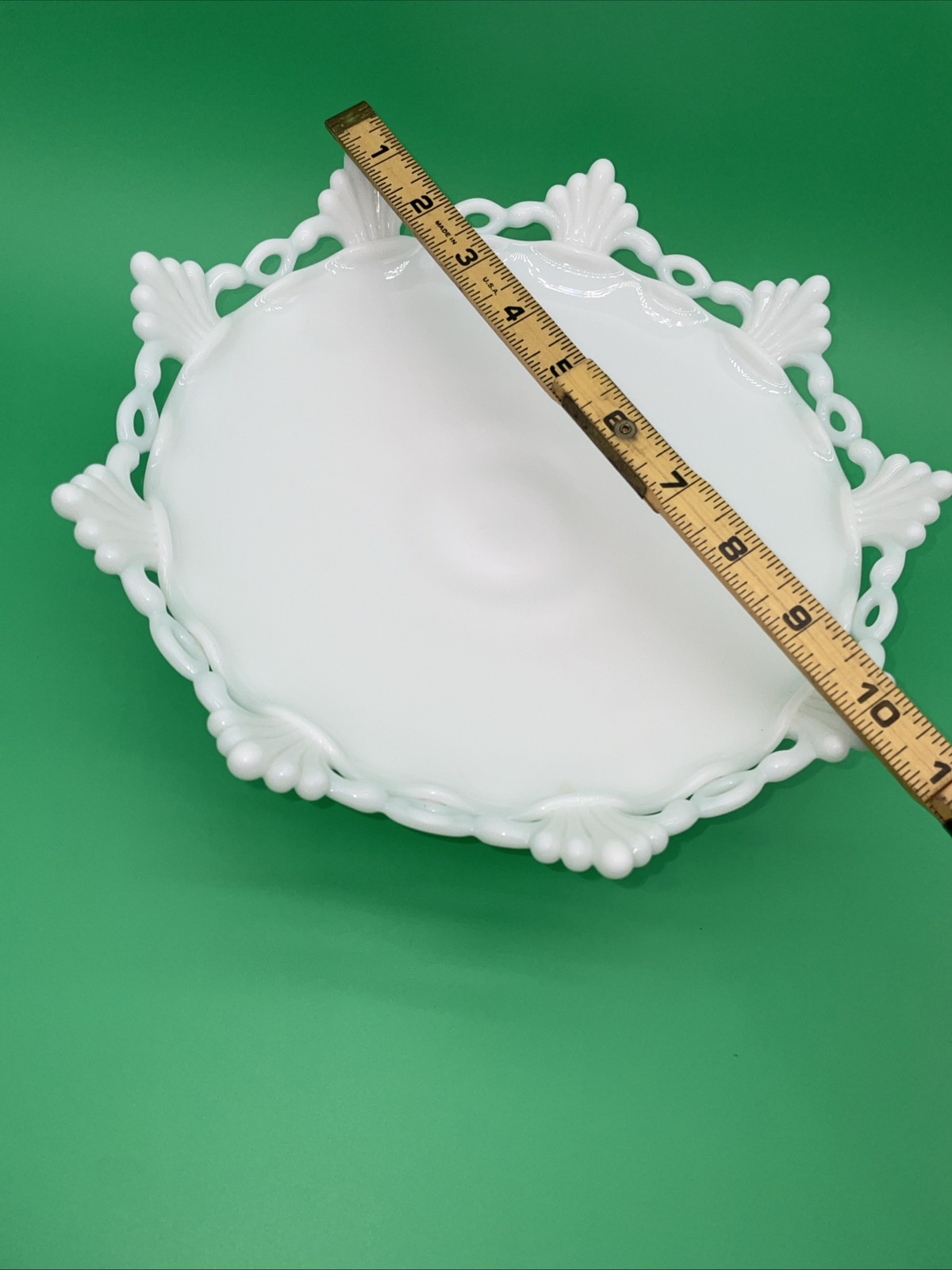 Milk Glass Pedestal Bowl 10” Lace Edge Pedestal Trim Vintage 3” Tall Fruit Dish