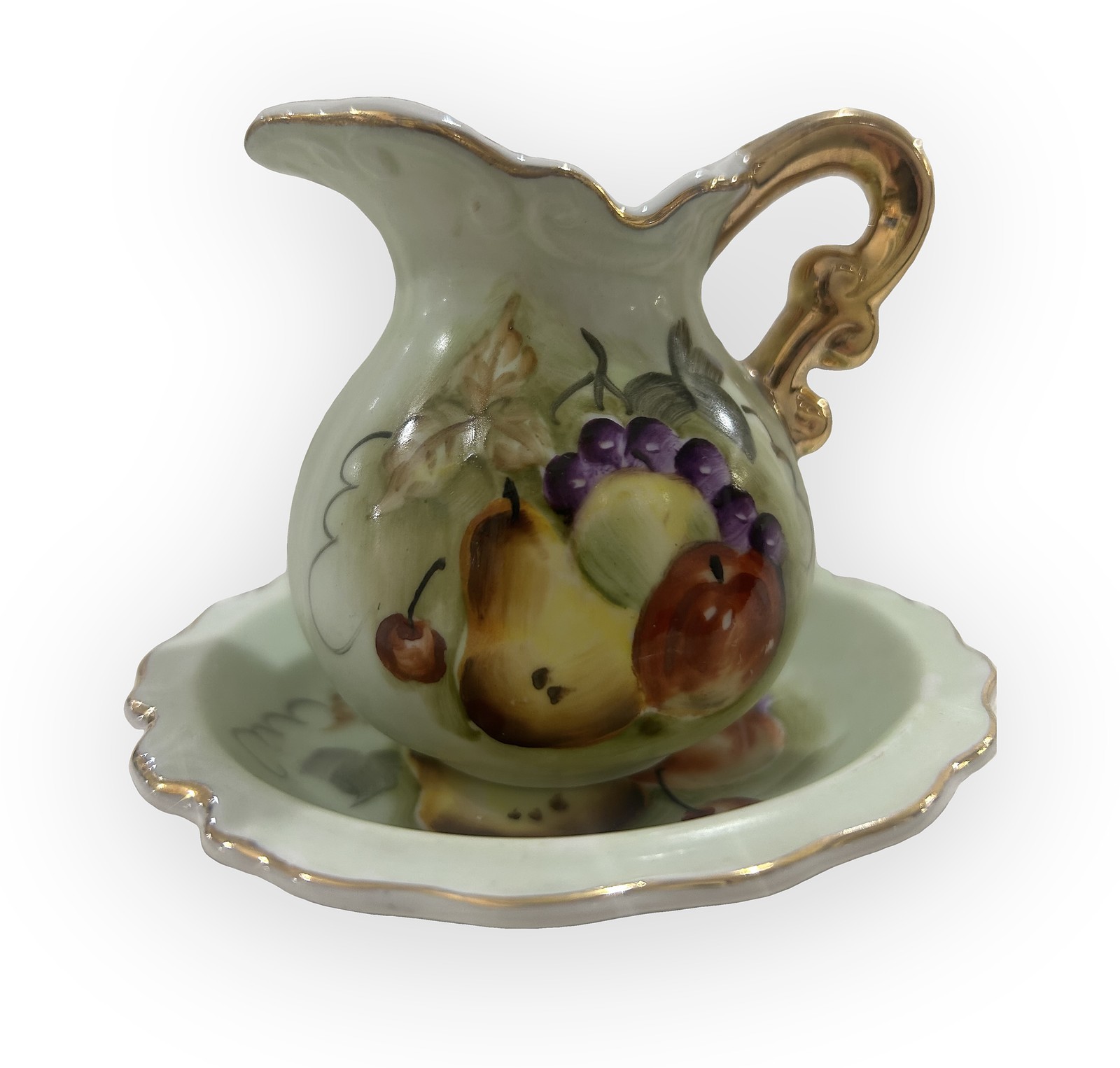 Hand Painted Porcelain Miniature Pitcher & Basin Set Gold Trim Fruit Pattern