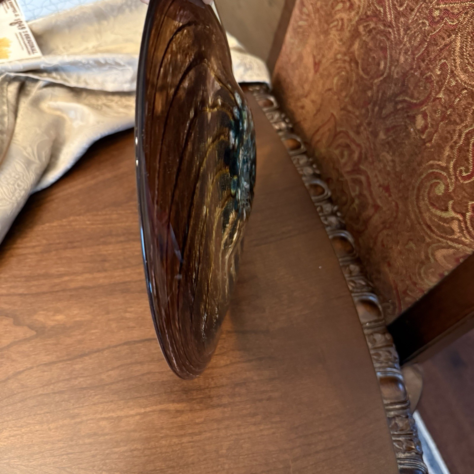 Contemporary Piece Of Art Glass Featuring A Swirling Design Brown, Blue & Yellow
