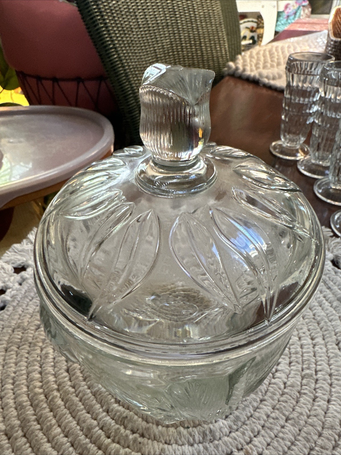 Clear Candy Dish w/ Lid Embossed Tulips & Leaves 2 Pcs