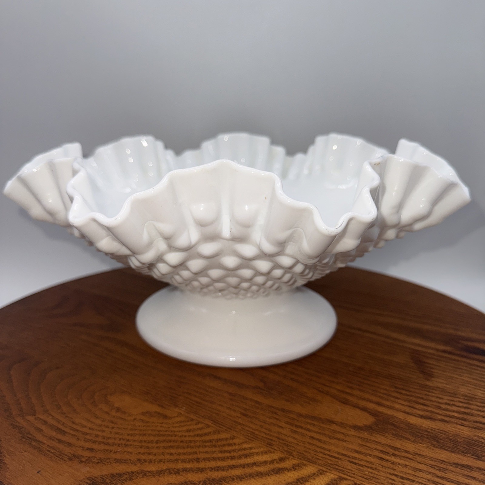 Vintage Fenton 10” White Milkglass Hobnail Serving Bowl with Ruffled Edge