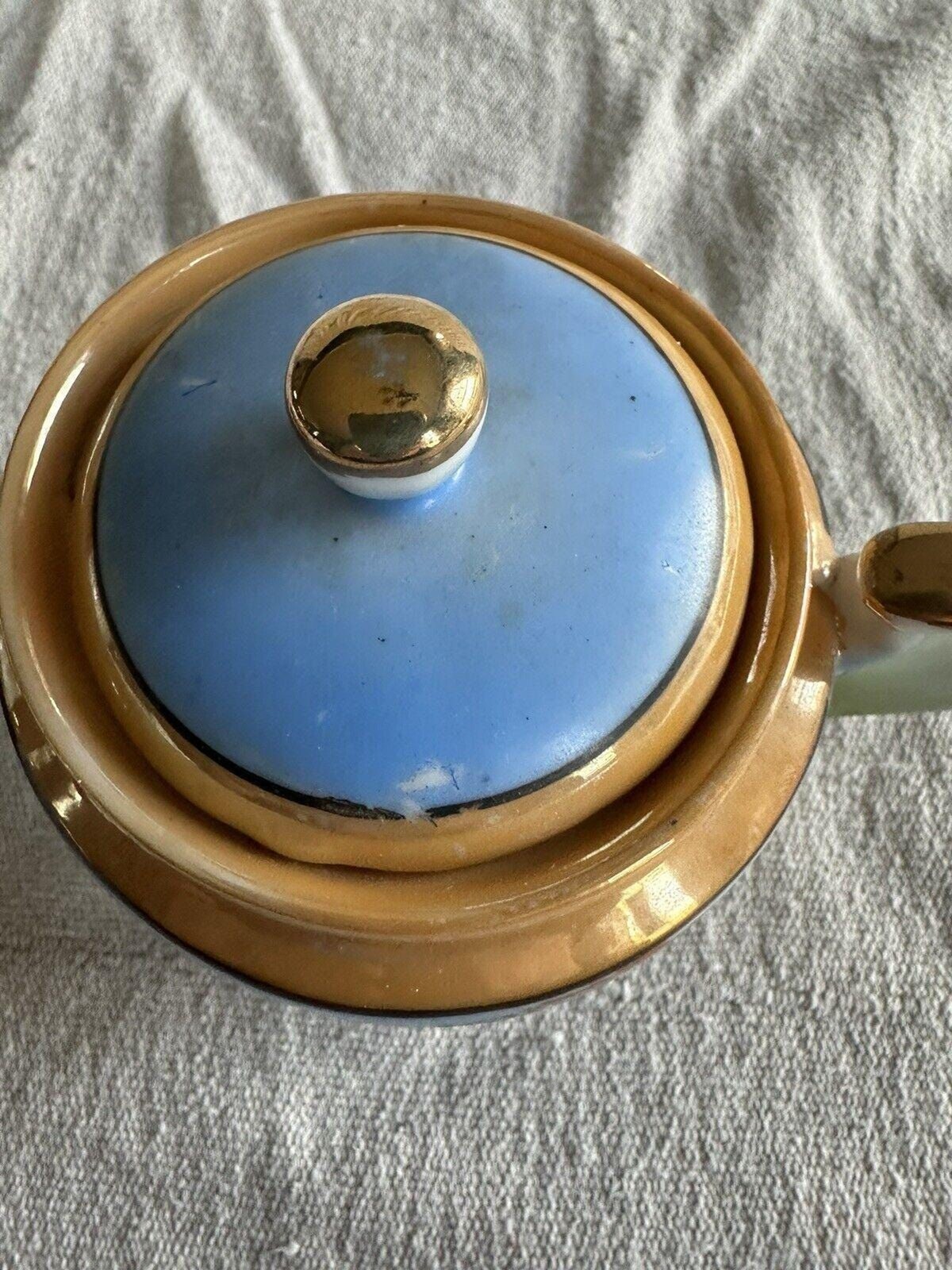 VTG Creamer and Sugar Bowl Japan Lake Trees Windmill Blue Orange Gold Trim