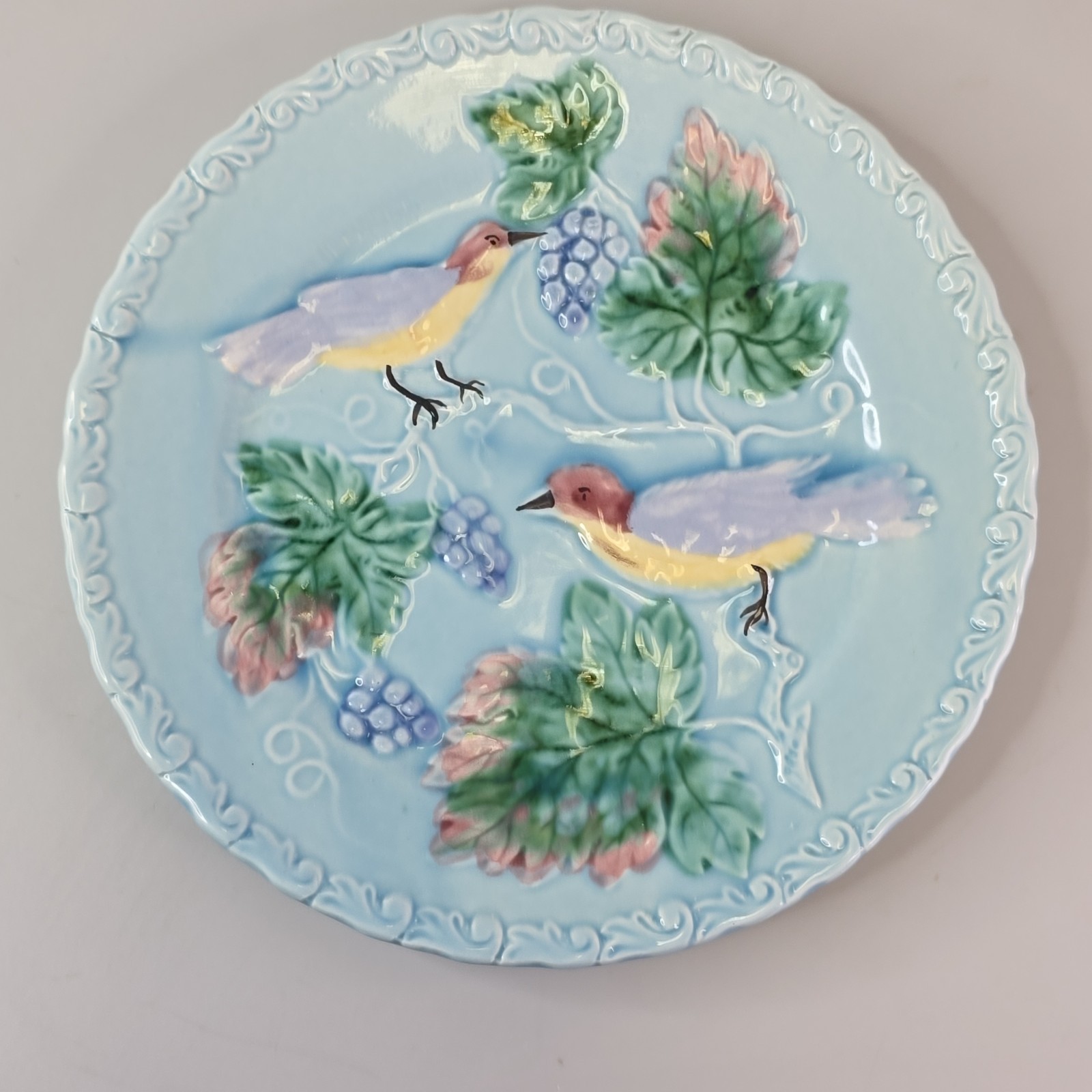 German Majolica Plate 7.75in Blue Raised Birds Grapevine 230 Vintage W Germany