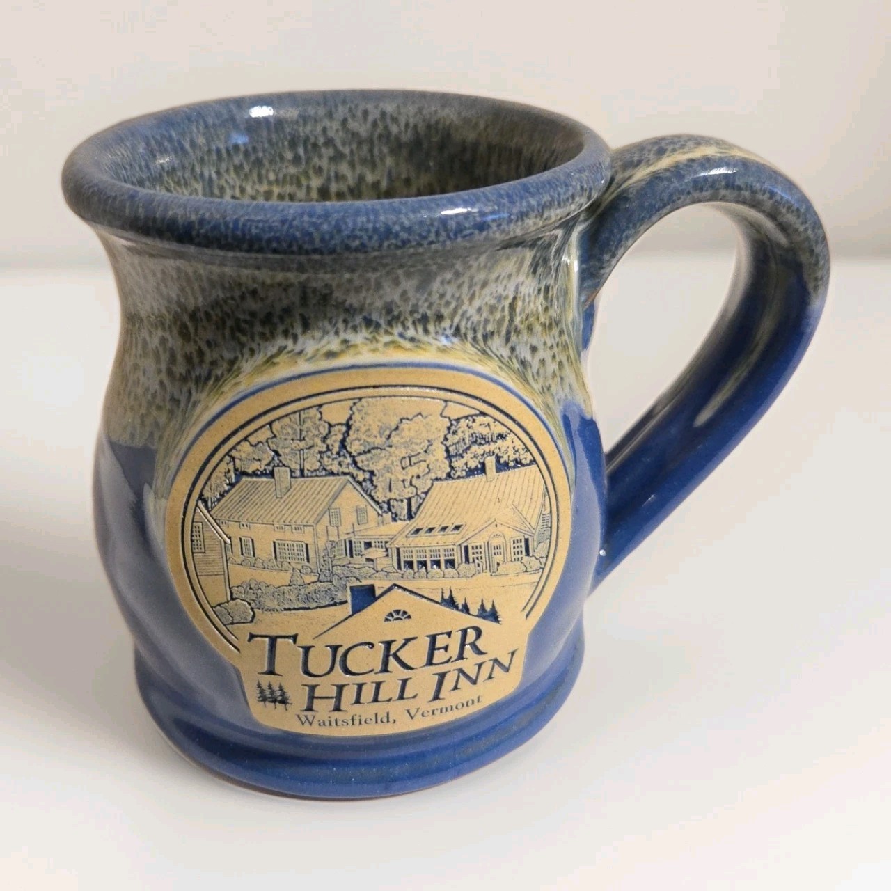 Deneen Pottery Mug Tucker Hill Inn Waitsfield VT Blue Beige Hand Thrown USA