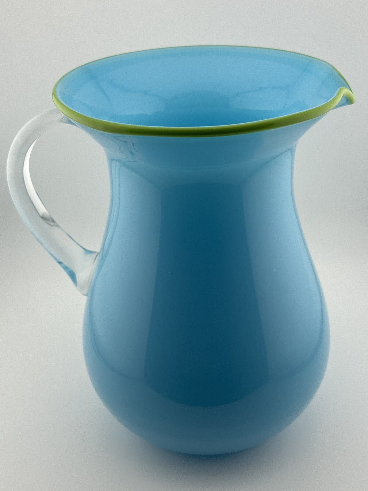 Vintage Kanawha Art Glass Pitcher Aqua Blue Clear Handle Mid Century Modern 1960