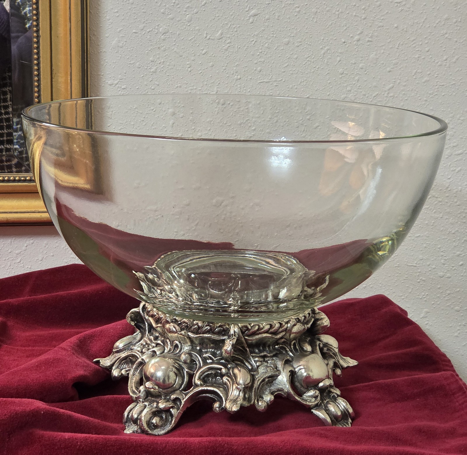 MCM Pitman-Dreitzer Crystal Punch Bowl Set 10 Cups Ornate Metal Stand Ladle Rare