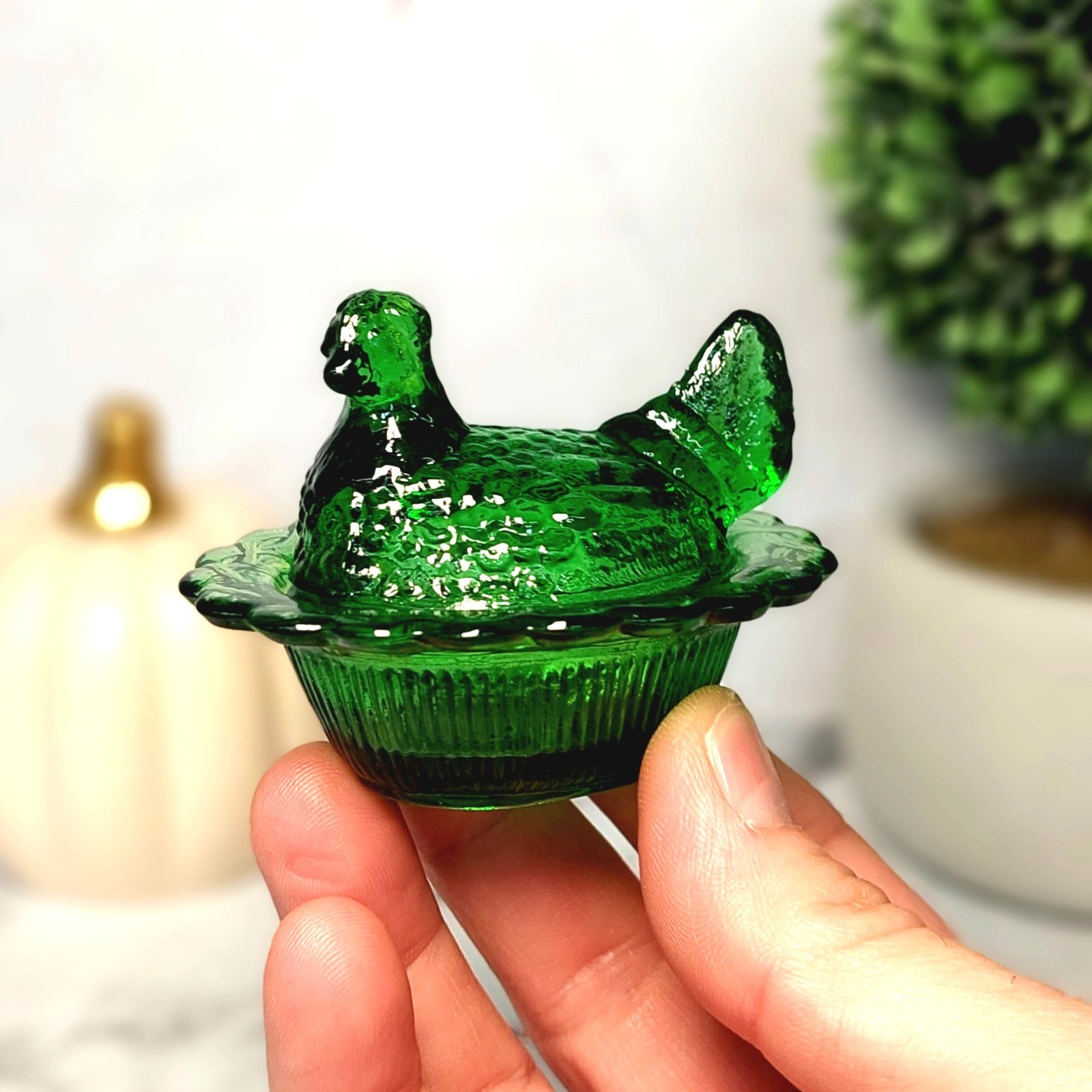 Mosser Mini Hen on Nest Chicken Salt Dish, Green Depression Style Glass