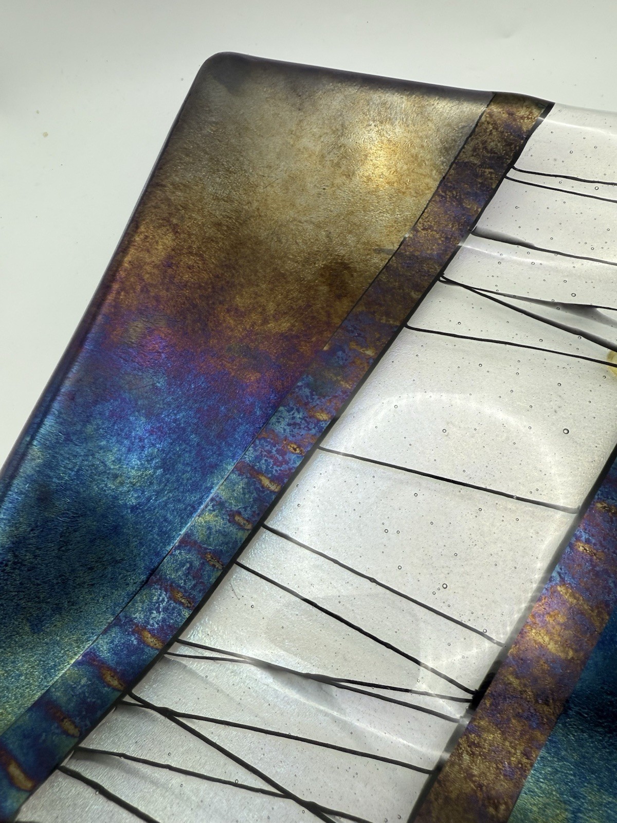 Chris Paulson Art Glass Square Tray Plate Signed Dichroic Fused Iridescent 9.25″