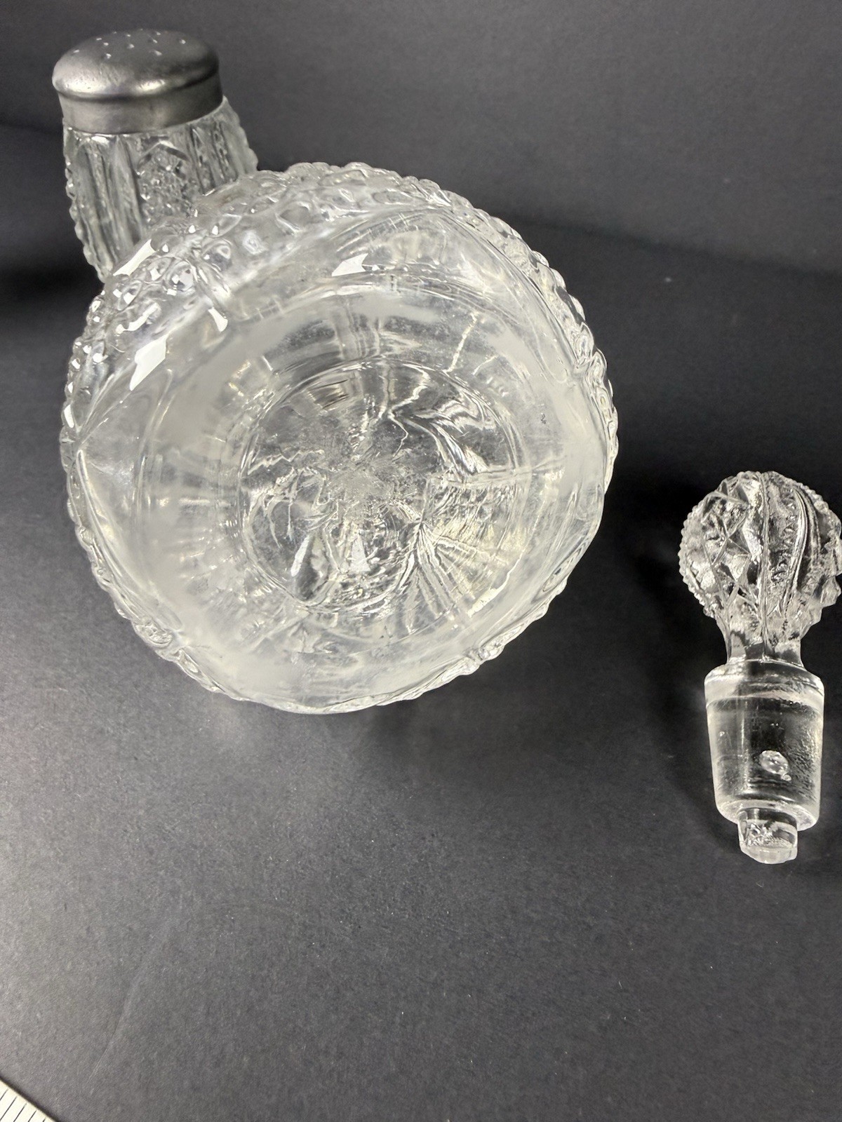 Vintage Pressed Glass Cruet, Decanter, Salt & Pepper & Relish Tray Lot of 5