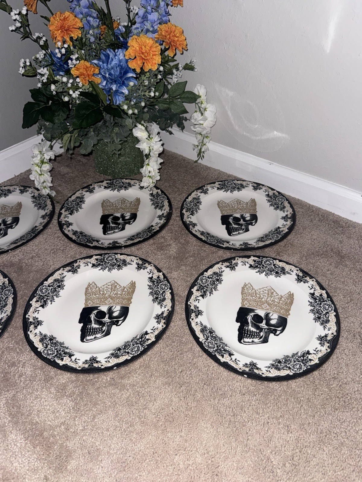 Set/6 Royal Stafford England Halloween Royal Skeleton W/ Crown 11″ Dinner Plates