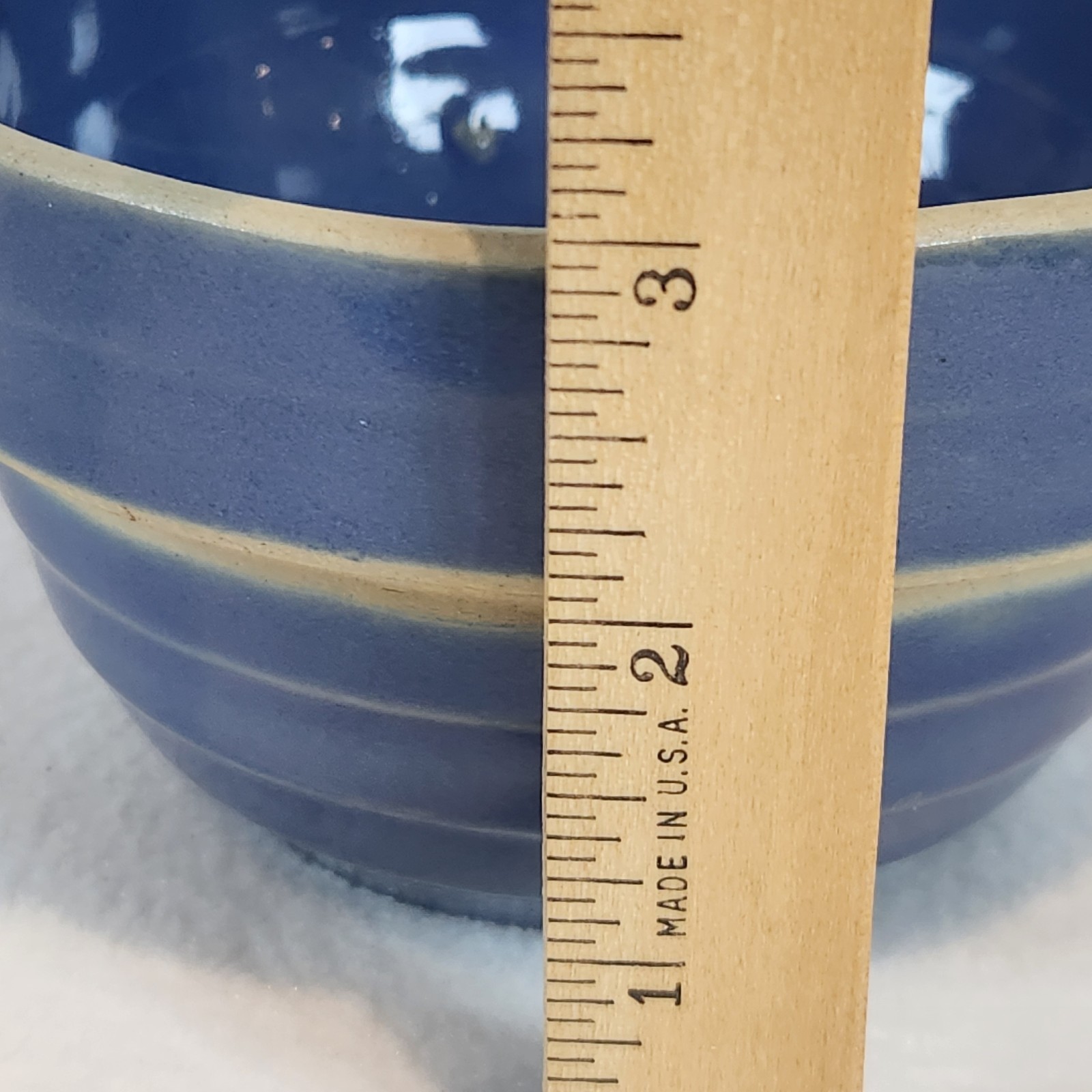 Antique Yellow Ware Cobalt Blue Dough Mixing Bowl w/ Beehive Sides 5” Wide USA