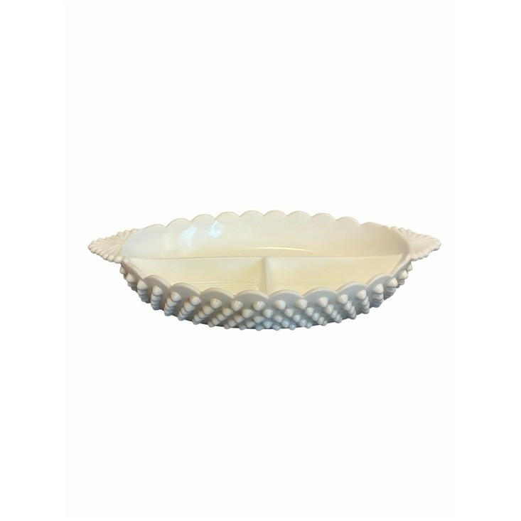 Fenton White Milk Glass Hobnail Divided Relish Dish Scalloped Oval Serving Tray
