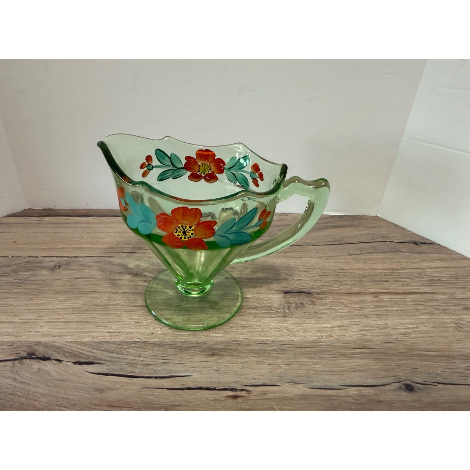 Vintage Green Glass Creamer Pitcher Hand Painted Floral Scalloped Footed 5in