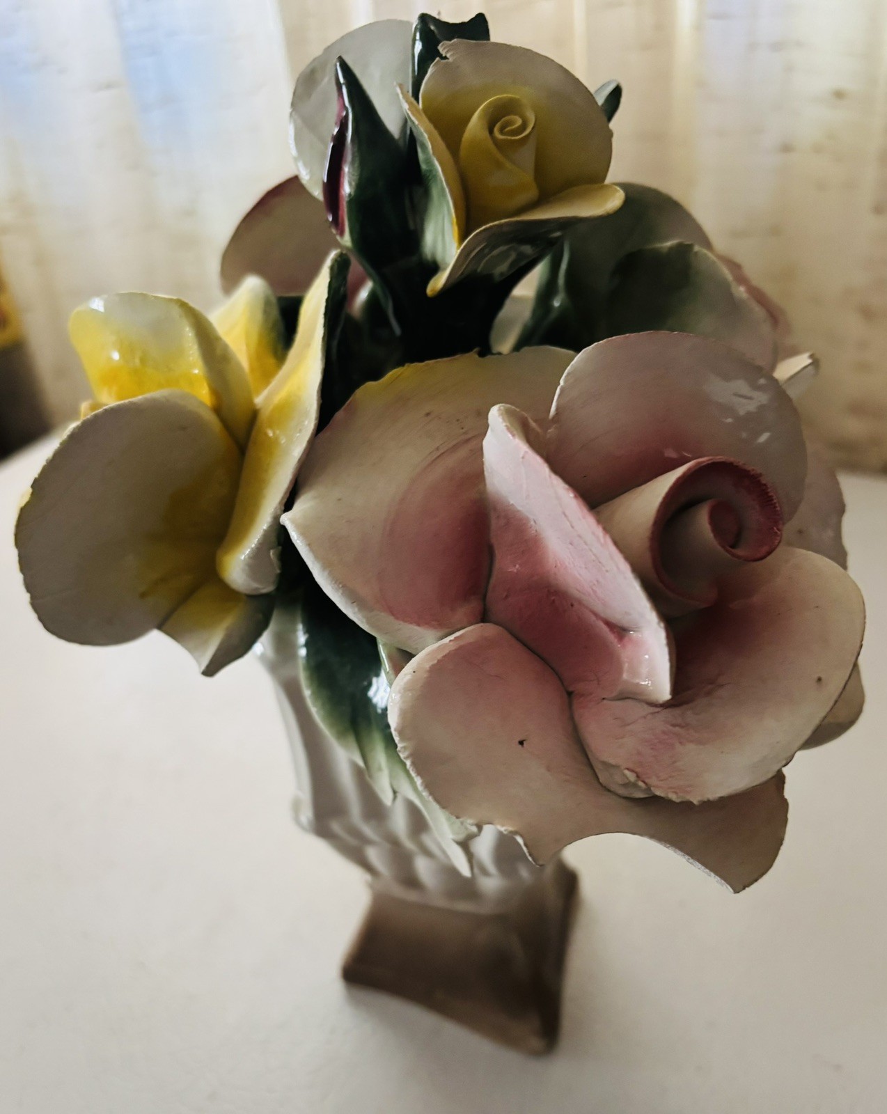 Rare Vintage Capodimonte Italy Porcelain Colorful Flower Vase Sculpture