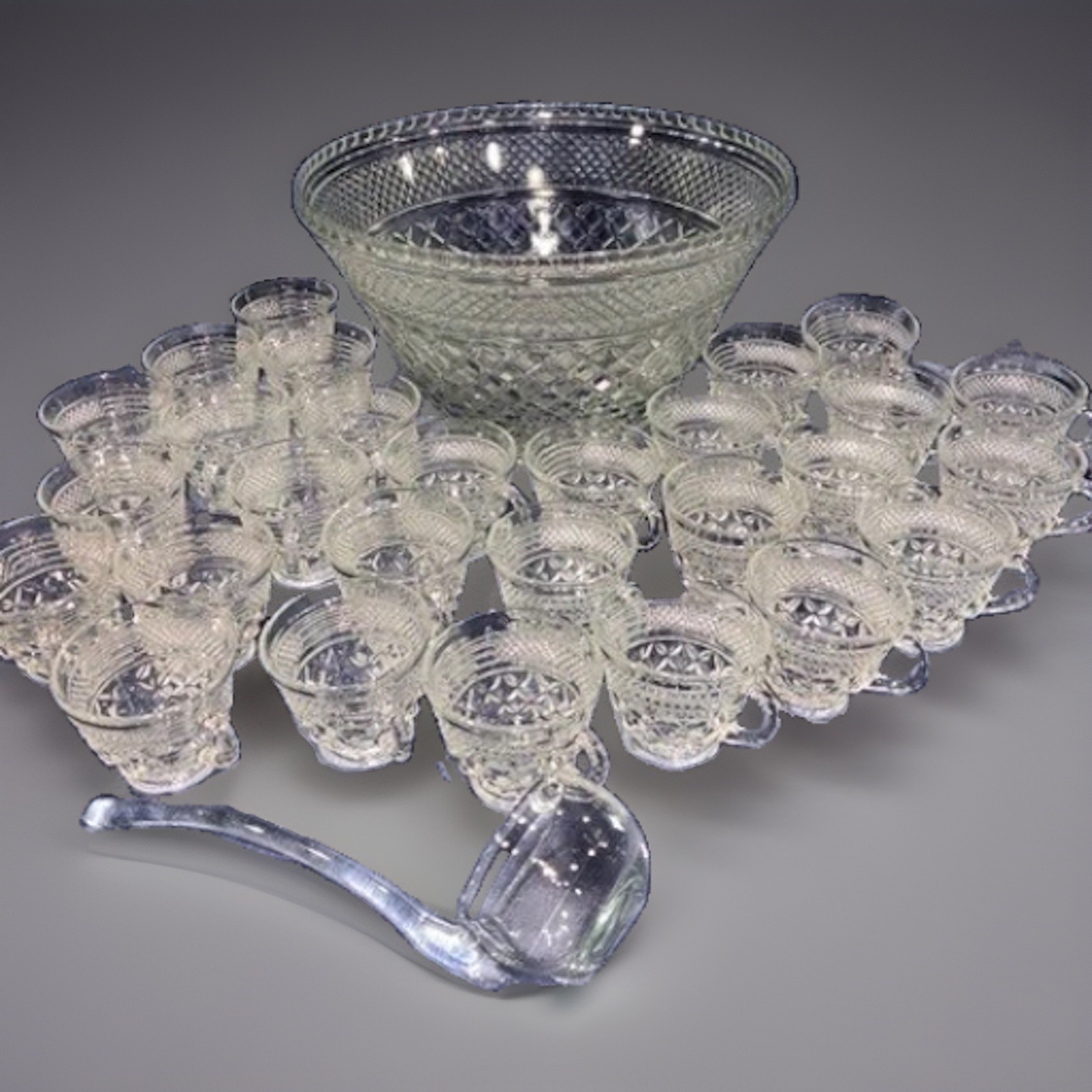 Vintage Indiana Glass Diamond Point Punch Bowl Set, with 28 cups and glass ladle