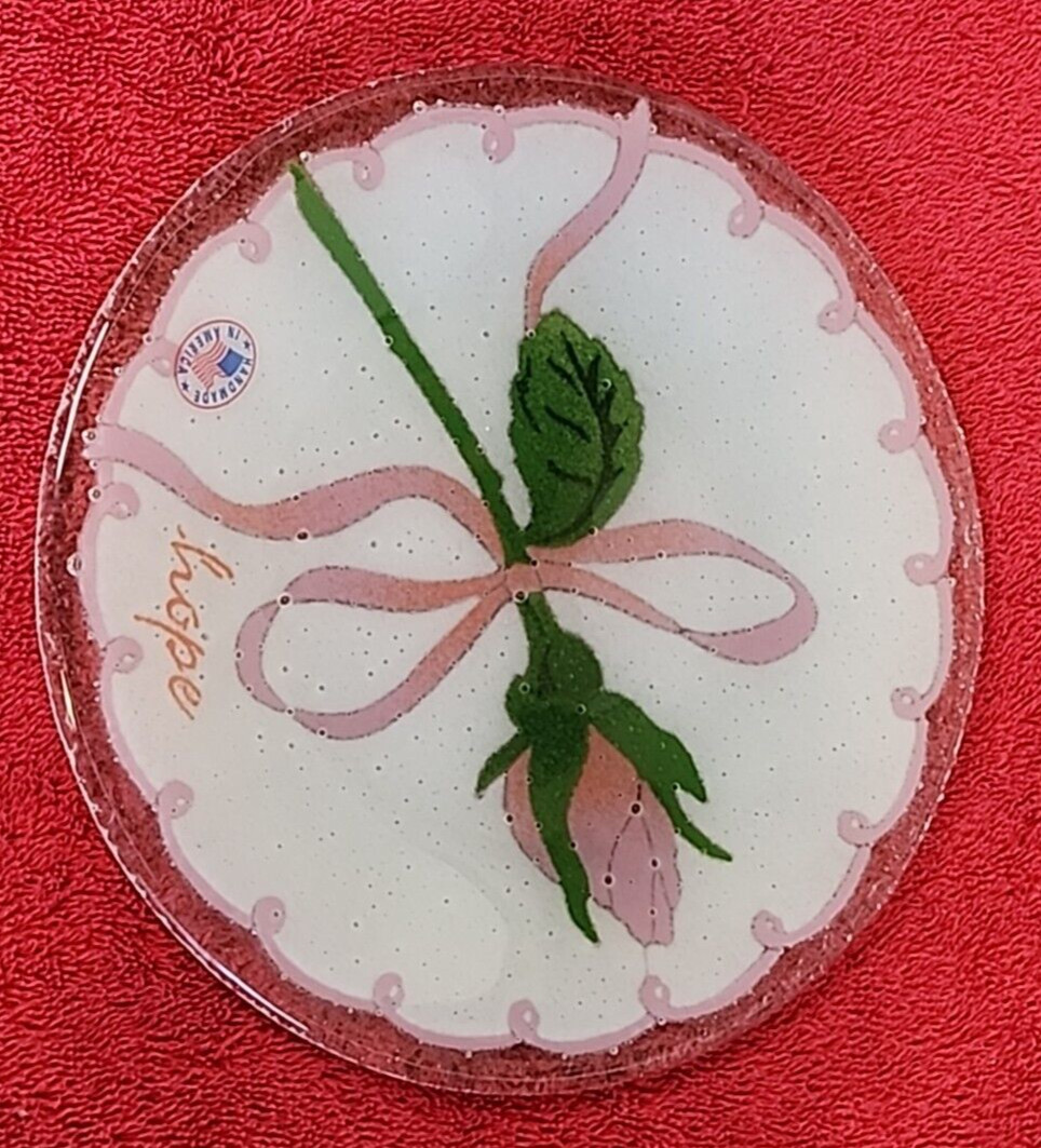 Peggy Karr 8″ Breast Cancer Hope Round Plate Fused Art glass Signed 2003