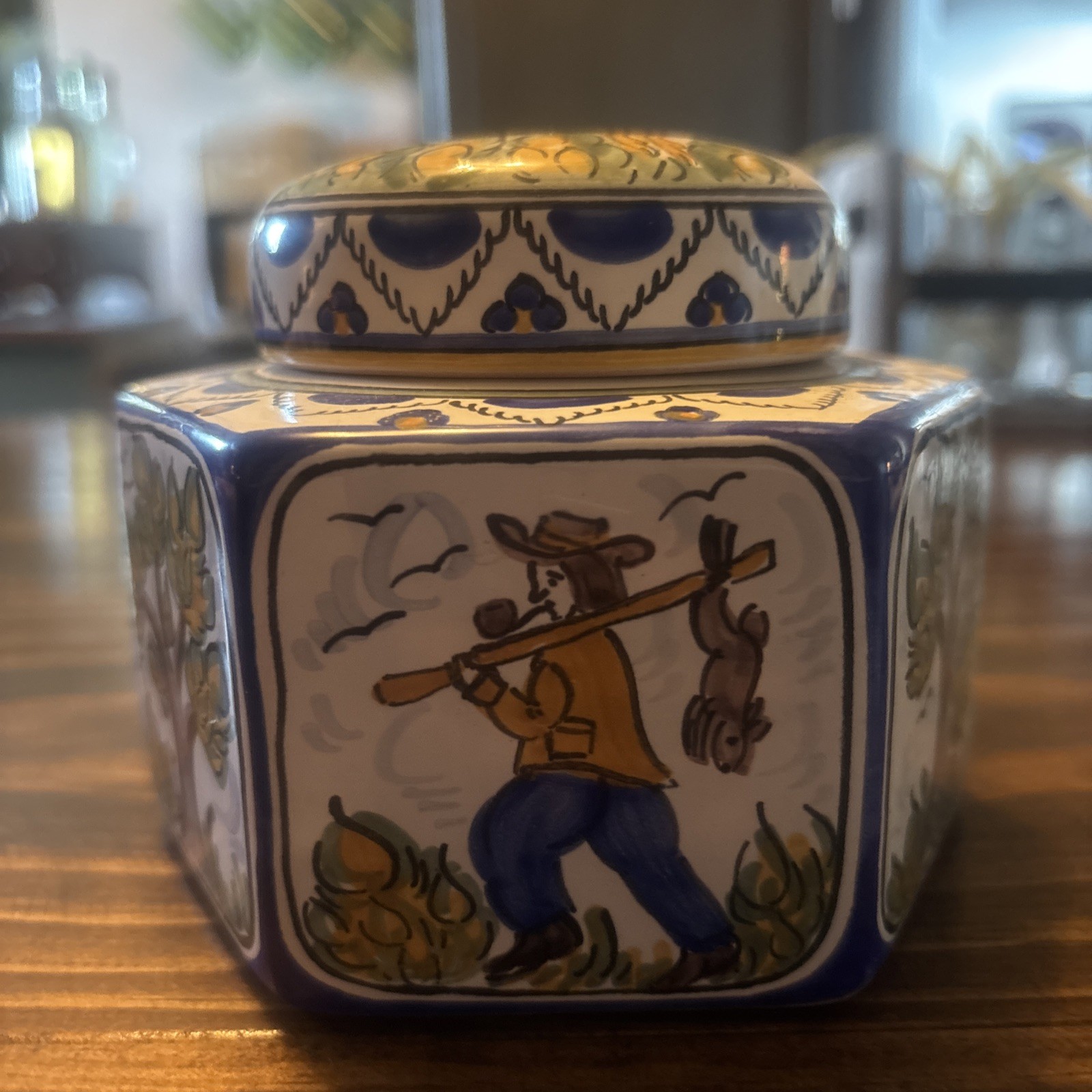 Vintage COIMBRA Style Portugal Pottery Hexagon Ginger Jar w/ Lid