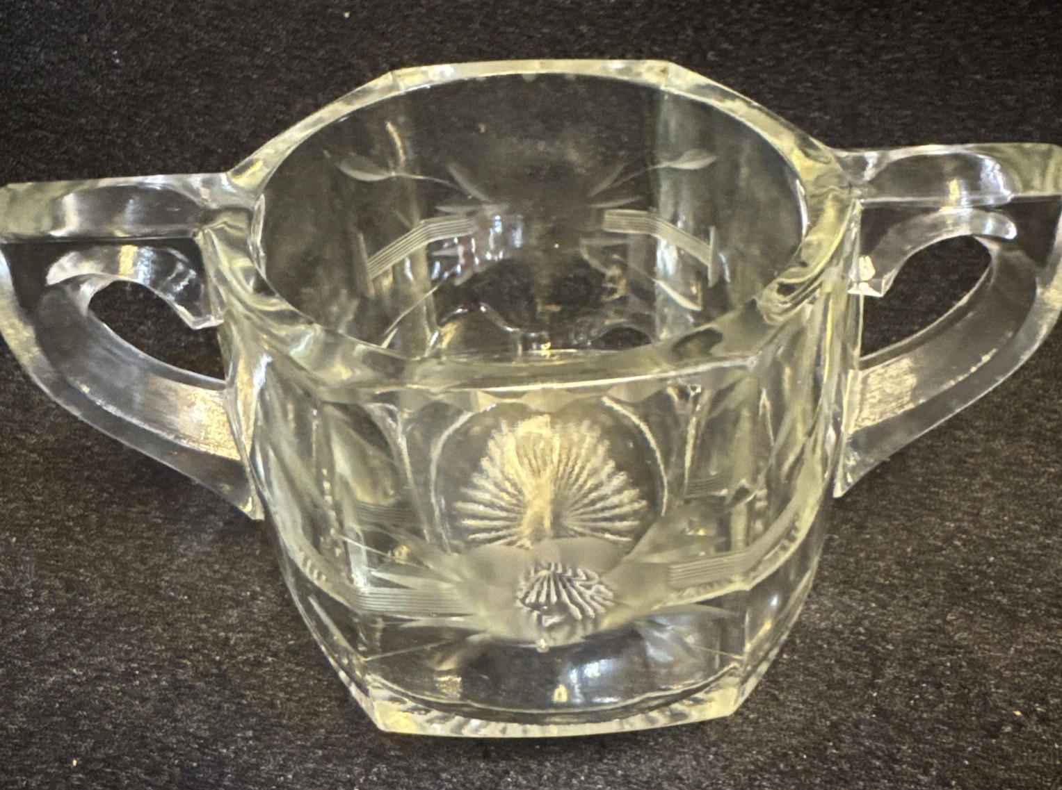 VTG Clear Crystal Glass Sugar Cube Bowl W/Flower Engraved On Sides