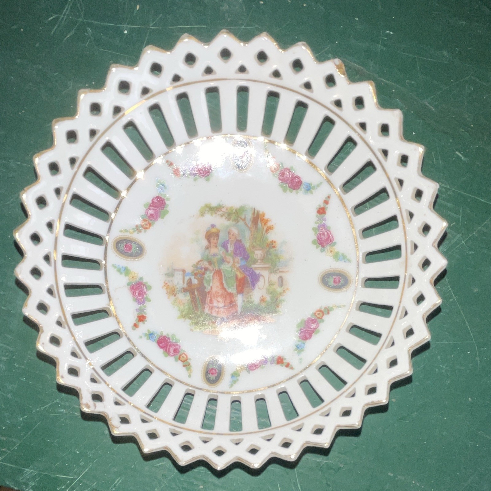 VTG German Porcelain Decorative Bowl Pierced Lattice Rim Floral Scene 5 in