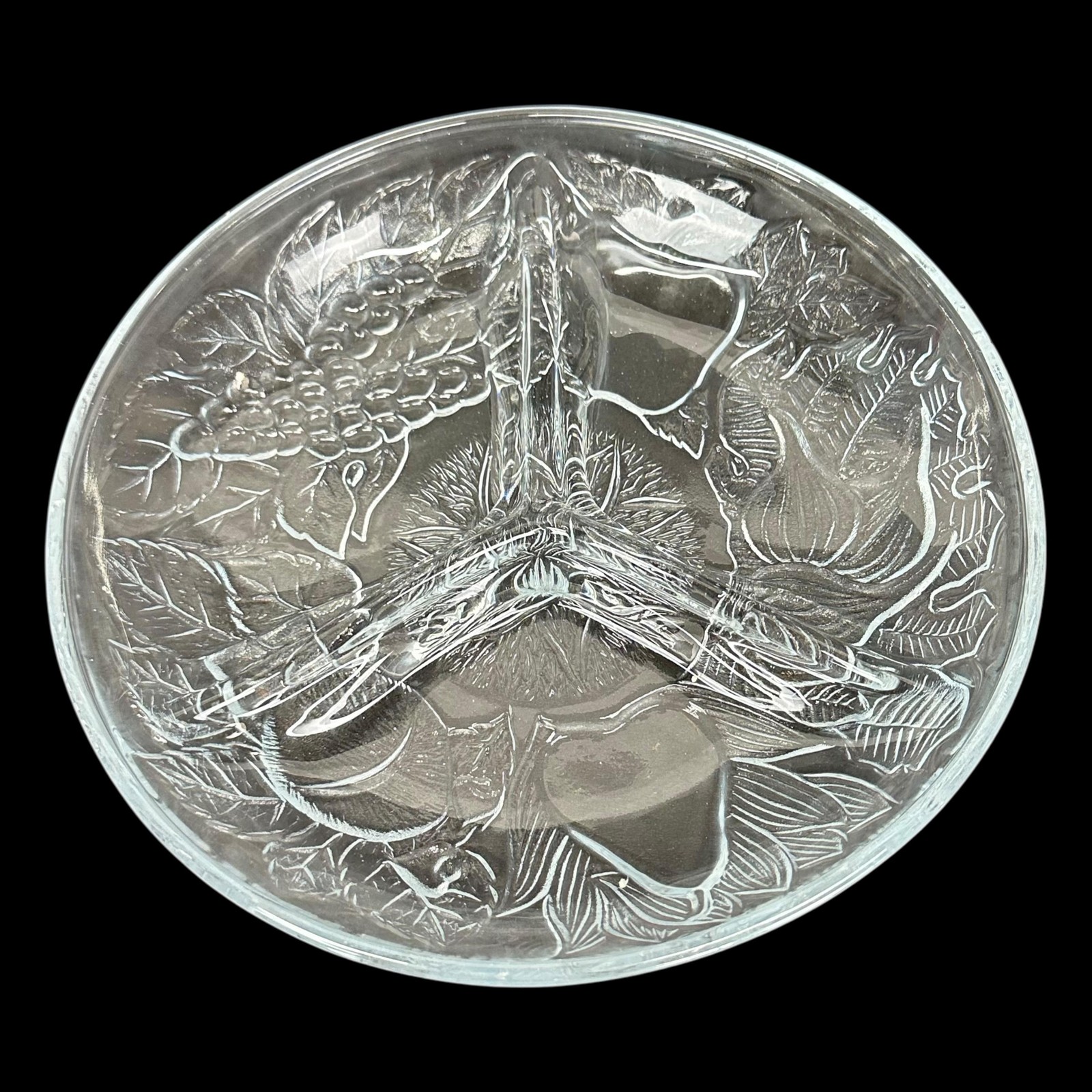 Vintage KIG Indonesia Clear Glass 3 Section Relish Dish Fruit Design 7.75 In