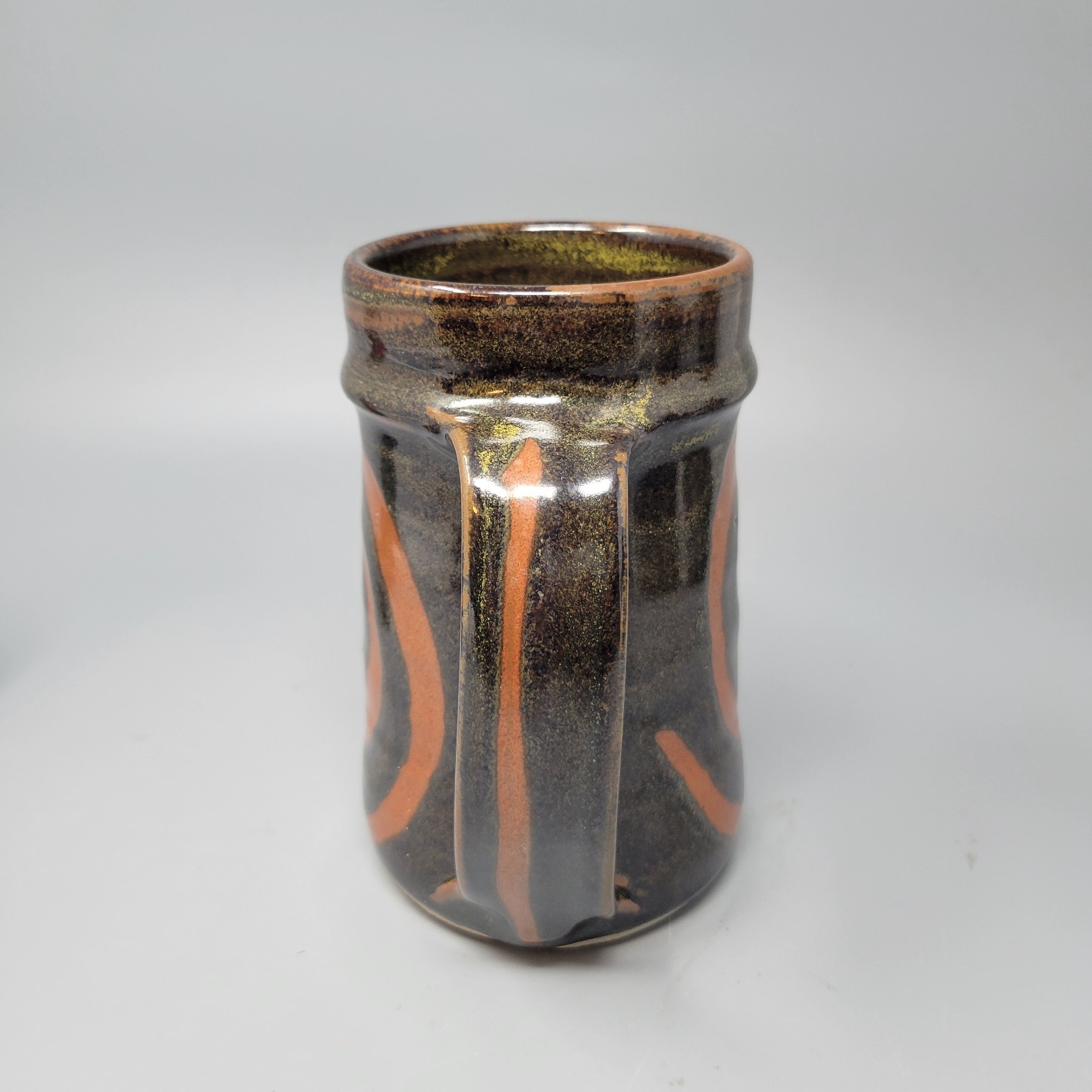 Whynot Pottery North Carolina Seagrove NC Spiral Mug Stein Brown Orange