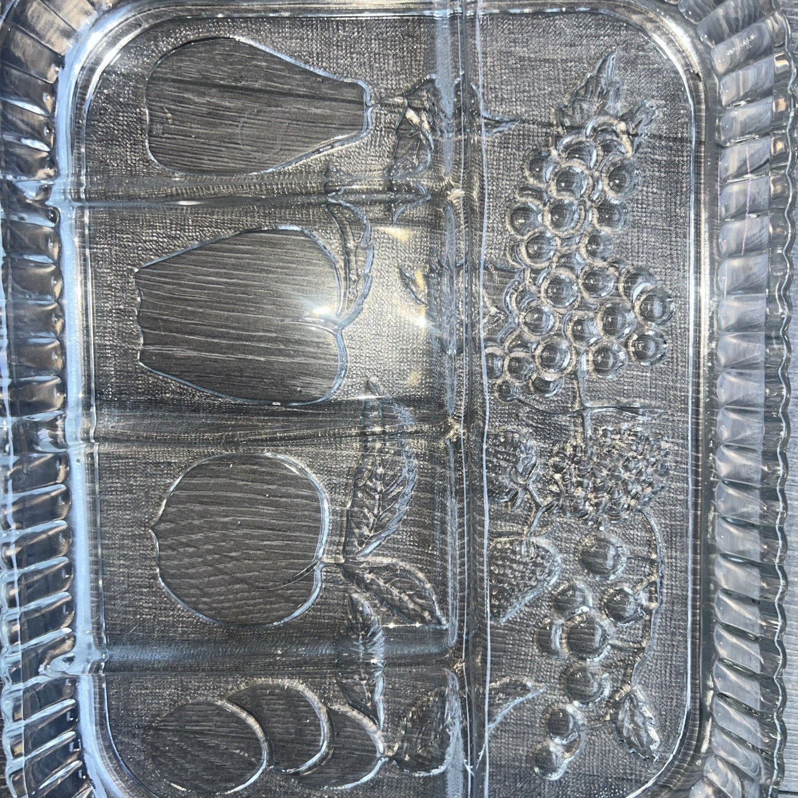 ndiana Glass Clear Crystal Rectangular Divided Relish Platter w/ Fruit Pattern