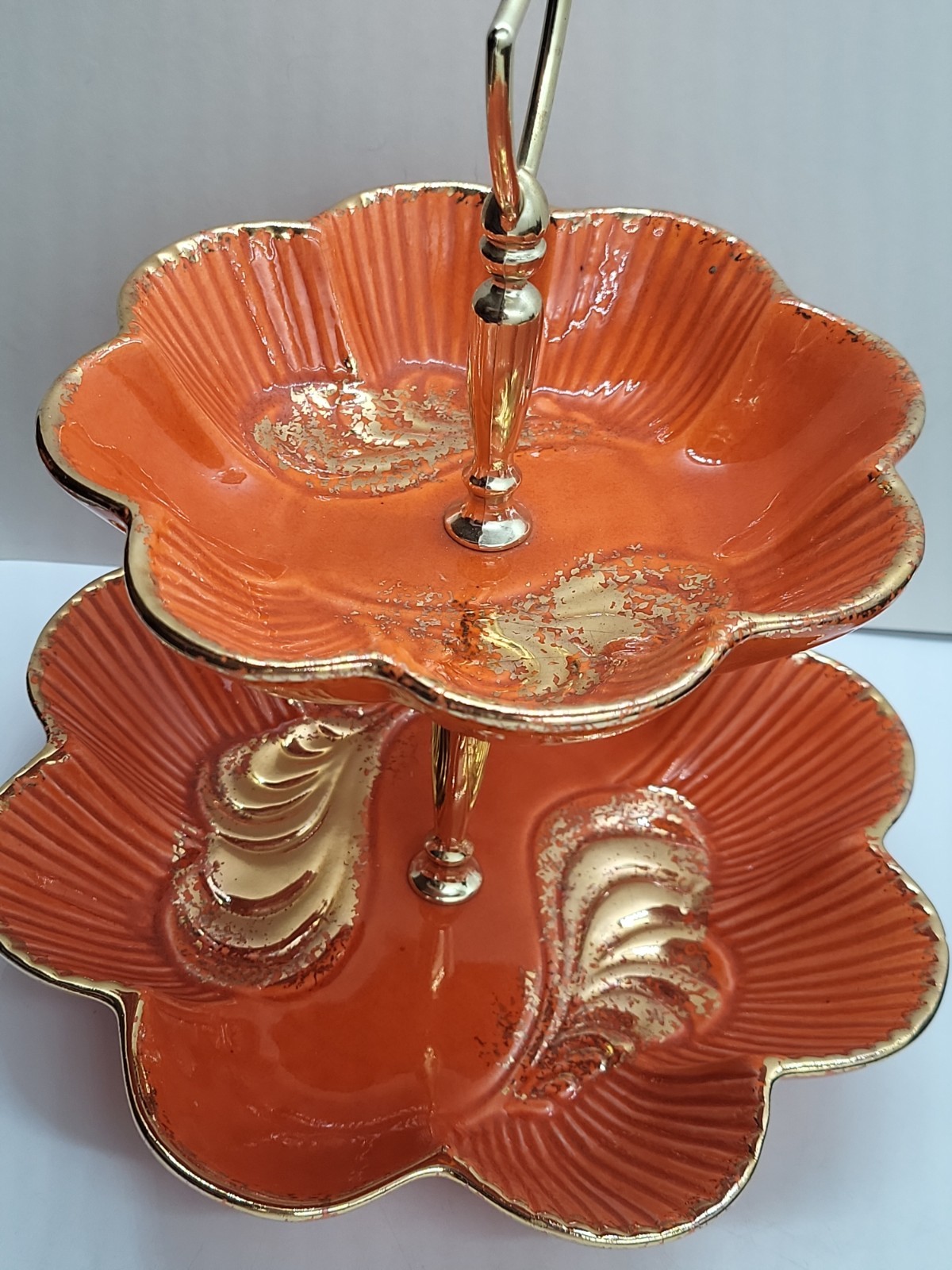 California Pottery MCM Two Tier Tidbit Candy Bowl Server Turquoise Orange E19