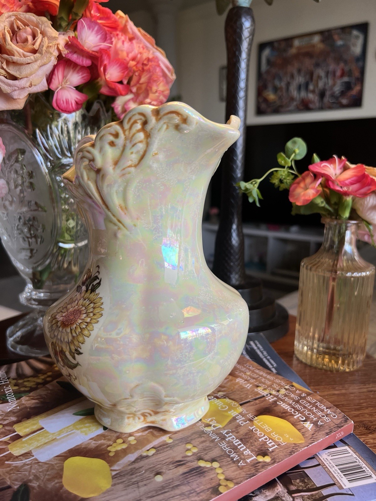 Vtg Iridescent Lusterware Ceramic Pitcher Yellow Dahlia Opalescent Swirl